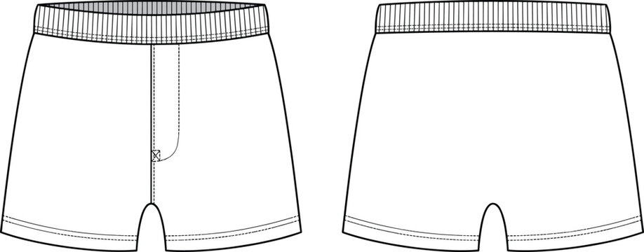 Technical of men's boxer shorts, front and back view men's underwear technical fashion clothing garment