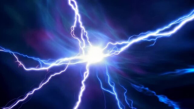 Dynamic blue lightning strikes illuminating a dark, abstract background with energy