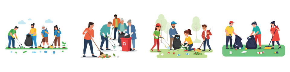 Diverse groups of volunteers cleaning up litter in public parks and city streets to protect the environment and promote community sustainability © Haris Lost
