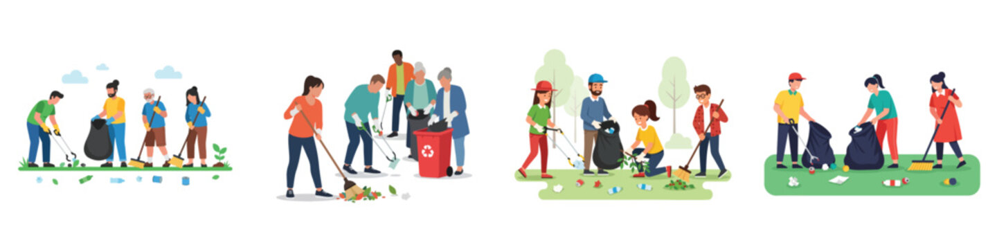 Diverse groups of volunteers cleaning up litter in public parks and city streets to protect the environment and promote community sustainability
