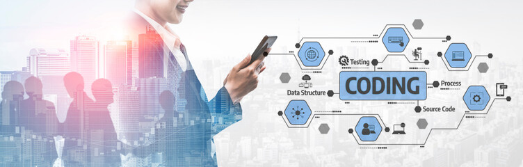 A professional man in a suit stands outdoors, using a smartphone. Surrounding him are coding symbols, reflecting the intersection of technology and modern business. Tessel © InfiniteFlow