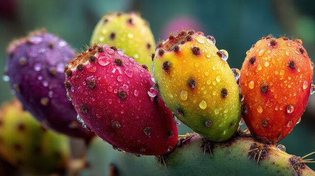 Macro close-up of colorful prickly pear fruits in a Sicilian garden