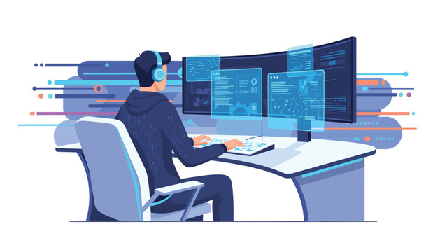 Person with headphones sitting at a desk with multiple monitors displaying code and data streams for software development.