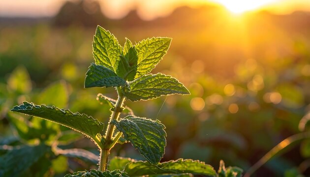 Close-up of a vibrant green plant with textured leaves, illuminated by a warm, golden sunrise in a field. Bokeh in the background