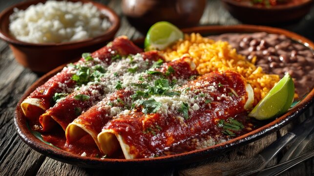 Mexican enchilada platter with red sauce, refried beans and rice on a rustic wooden table