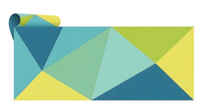 Minimalist abstract geometric grid banner featuring triangular patterns in teal and yellow with a curled corner detail for creative web design