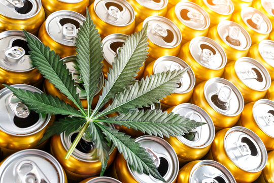 Golden beer cans.The sale of products and drinks with addition of hemp (cannabis) Beer cans with weed on one of them