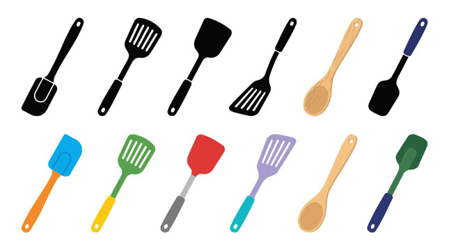 Professional vector collection featuring  different spatula designs, silicone spatula, slotted spatula, turner spatula, fish spatula, wooden spatula, cooking spatula