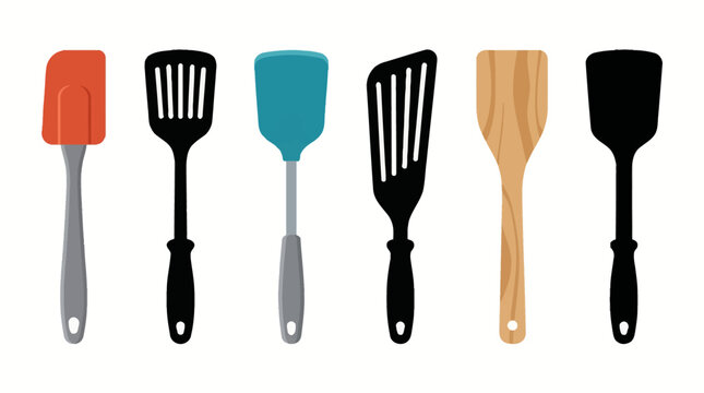 Professional vector collection featuring  different spatula designs, silicone spatula, slotted spatula, turner spatula, fish spatula, wooden spatula, cooking spatula