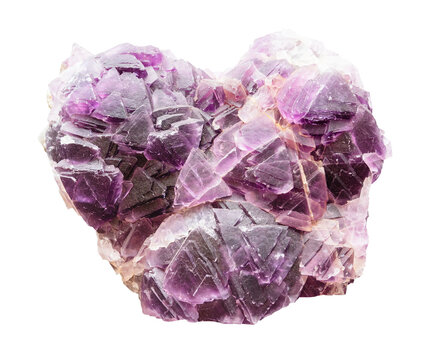 raw claster of purple fluorite crystals cutout on white background