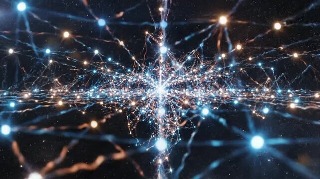 Abstract network growth in a cosmic space showing bursts of energy and light particles expanding in various directions