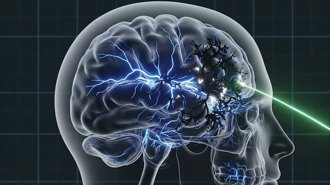 3D Illustration Of Dementia Brain Degeneration Concept With Neural Activity Visualization In Transparent Head Background