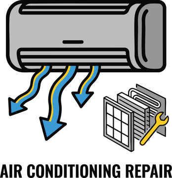 Air conditioning repair icon, vector illustration of split system ac unit with cooling airflow and maintenance tools isolated on white background