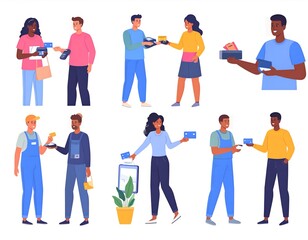 Fototapeta premium People using credit cards and mobile payments in retail, ATM, and POS transactions, modern cashless shopping concept.