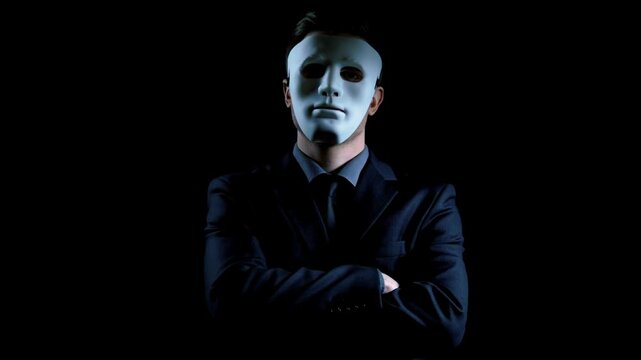 Cybercrime hacker Anonymous suit man in mask folding hands on black background illegal activity in 4K Ultra HD footage.
