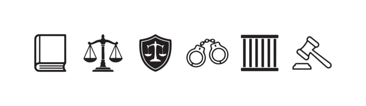 Law and justice icons featuring a legal book, scales of justice, handcuffs, prison bars, and a judge's gavel.