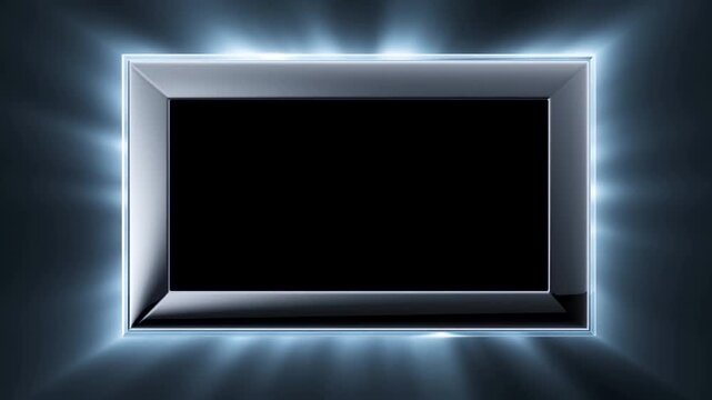 Slow dolly zoom of metallic rectangular frame with glowing border revealing pulsing radial light rays on dark studio backdrop