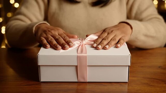 A Woman Gently Closes A Plain Gift Box Tied With A Pink Ribbon On A Wooden Table With Warm Background Lights Indicating Celebration Or Special Occasion