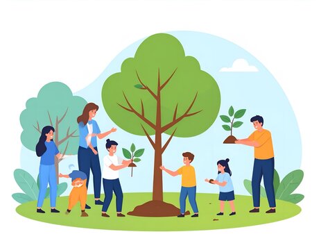 Volunteers planting young trees together to save the planet."