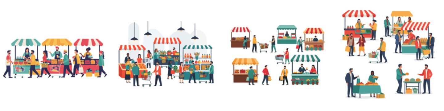 People Shopping at Local Street Market Stalls with Fresh Organic Produce and Artisanal Goods