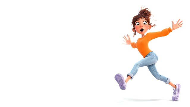 3D animated illustration of a shocked young woman with wide eyes and an open mouth, wearing a beige jacket on a bright green backdrop.