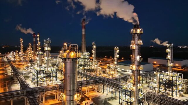 Oil refinery in action at sunset with structures and pipes operating efficiently