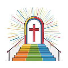 Fototapeta premium Christian cross above rainbow stairs and archway with light rays