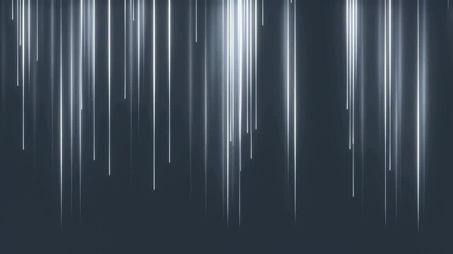 Slow motion static view of vertical light streaks falling and streaming as glowing beams and lines on dark digital abstract background