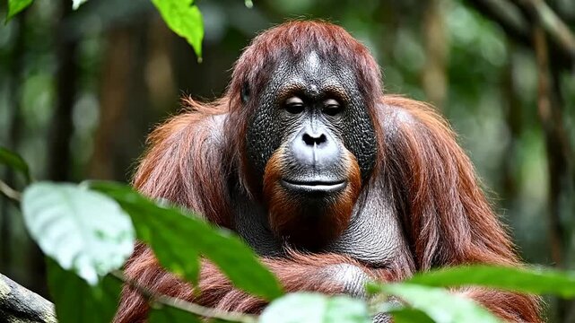 Calm Male Orangutan Portrait With Cheek Pads Surrounded By Lush Greenery In Its Natural Rainforest Habitat