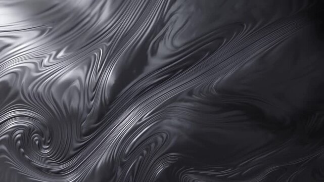 Slow motion tracking shot of metallic liquid swirling and flowing across dark abstract surface in studio interior with glossy reflective texture and undulating patterns