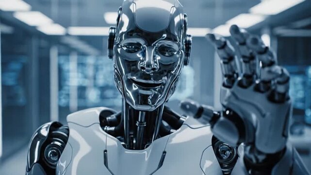 Humanoid robot c VSRExport performs tasks in high-tech lab environment during the day