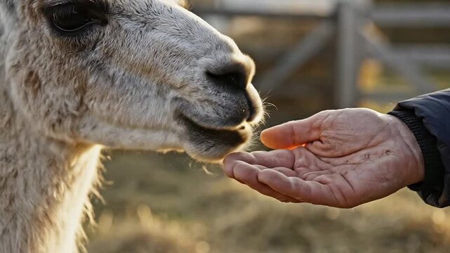 Close-Up Of A Llama Muzzle Sniffing A Human Palm In An Outdoor Setting Highlighting Trust And Curiosity