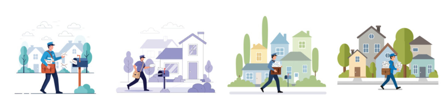 Set of postman characters delivering mail to suburban houses illustration collection for postal and logistics service concept