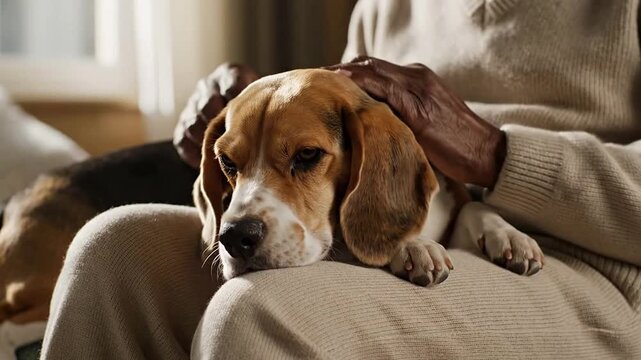 Close-Up Of A Relaxed Beagle Dog Resting On A Person's Knee In A Cozy Home Setting With Soft Light
