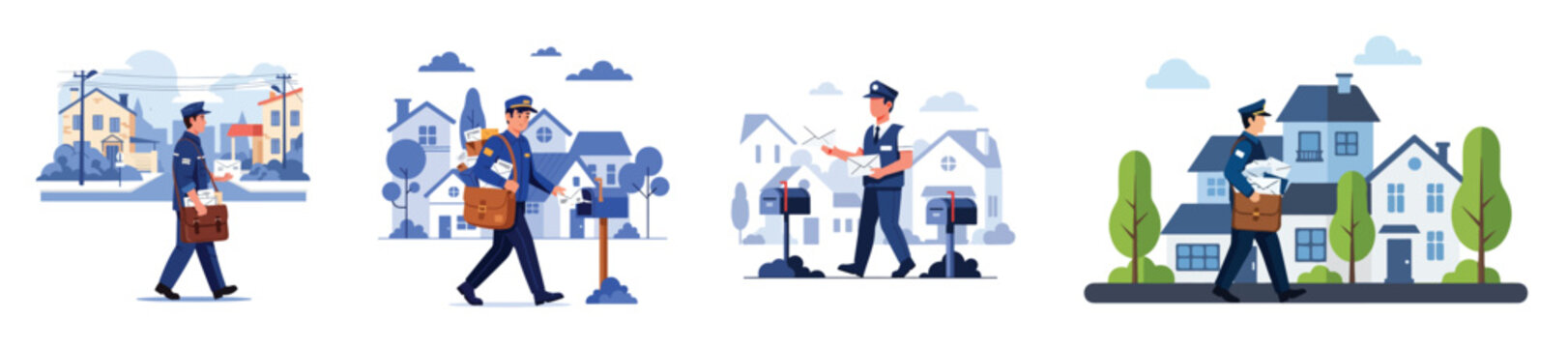 Postal service worker delivering mail letters in a suburban neighborhood set showing postman walking through residential streets with houses
