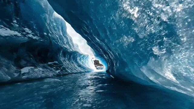 Inside an ice cave in Iceland exploring the frozen landscape and bright blue formations
