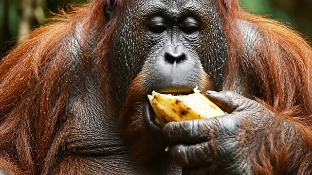 Close-Up Of An Orangutan's Lips And Hand While Eating Fruit In A Tropical Setting, Emphasizing Wildlife Conservation And Natural Behavior