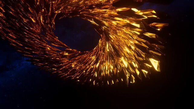 Tracking shot of golden shards forming swirling vortex ring in outer space cosmic void with glowing reflective particles and orbiting motion