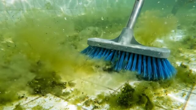 Satisfying underwater pool cleaning action: Blue brush scrubbing thick green algae off white tiles, revealing a pristine clean path. Before and after concept.