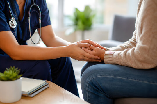 Compassionate healthcare worker reassuring a patient through supportive hand gestures in a modern clinic, representing trauma-informed care, empathy, trust, and emotional support.
