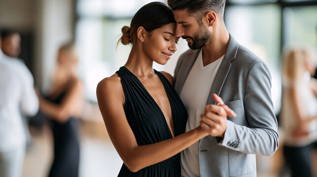 Anonymous mixed-skill dance couple with a patient instructor adjusting their frame and posture during a private tango lesson, coaching and improvement concept, faceless,