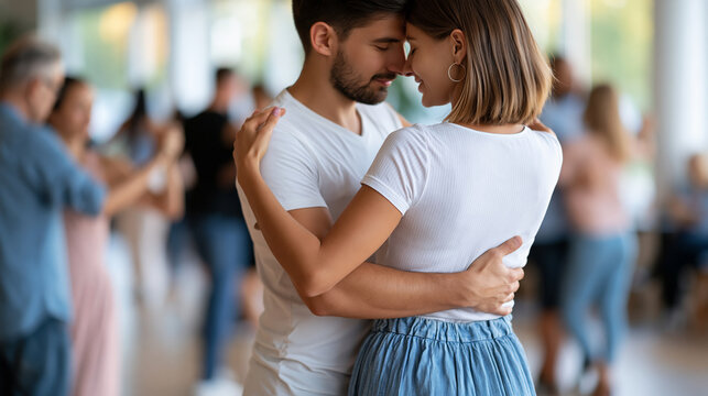Anonymous mixed-skill dance couple with a patient instructor adjusting their frame and posture during a private tango lesson, coaching and improvement concept, faceless,
