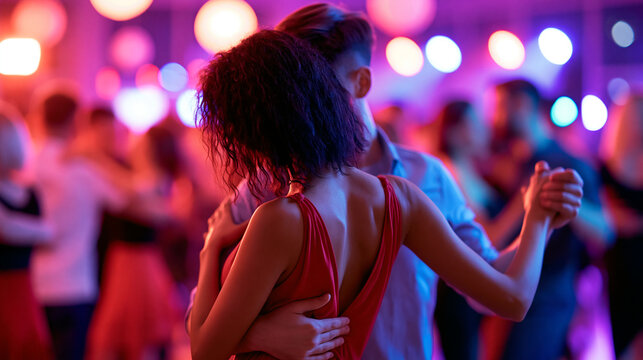 Anonymous couples dancing traditional Latin milonga in a ballroom under evening red and purple dance school lights, festival and rehearsal performance concept, faceless,