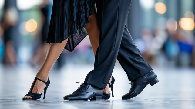 Close-up of anonymous Argentine couple's feet dancing tango in a dance salon, footwork and technique concept, faceless, defocused dance floor, with copy space