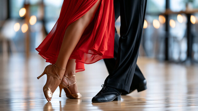 Close-up of anonymous couple's legs dancing ballroom on a wooden floor, woman in red dress and gold heels stepping with man in black shoes, dance footwork concept, defocused, with