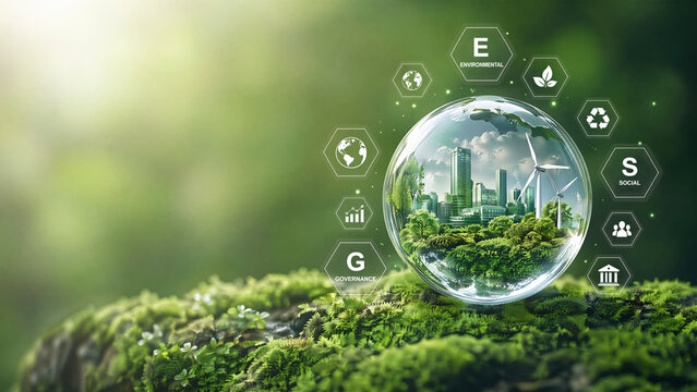 Sustainable City Inside Glass Globe - ESG Environmental Concept