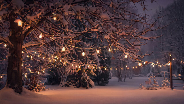 Snowy Tree with Festive String Lights in Winter