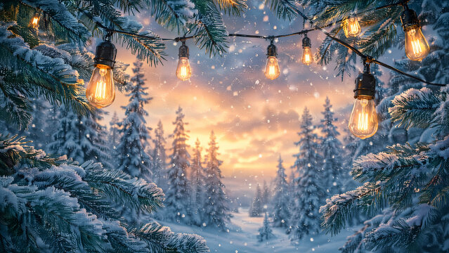 Winter Forest with String Lights at Sunset