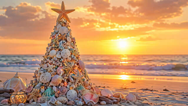 Seashell Christmas Tree on the Beach at Sunset