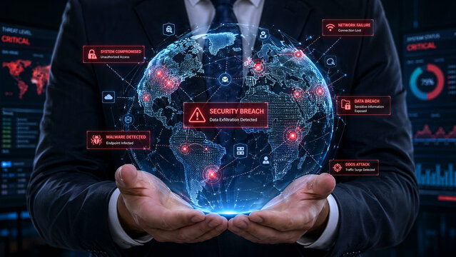 Cyber Security Breach Warning With Digital Data Globe